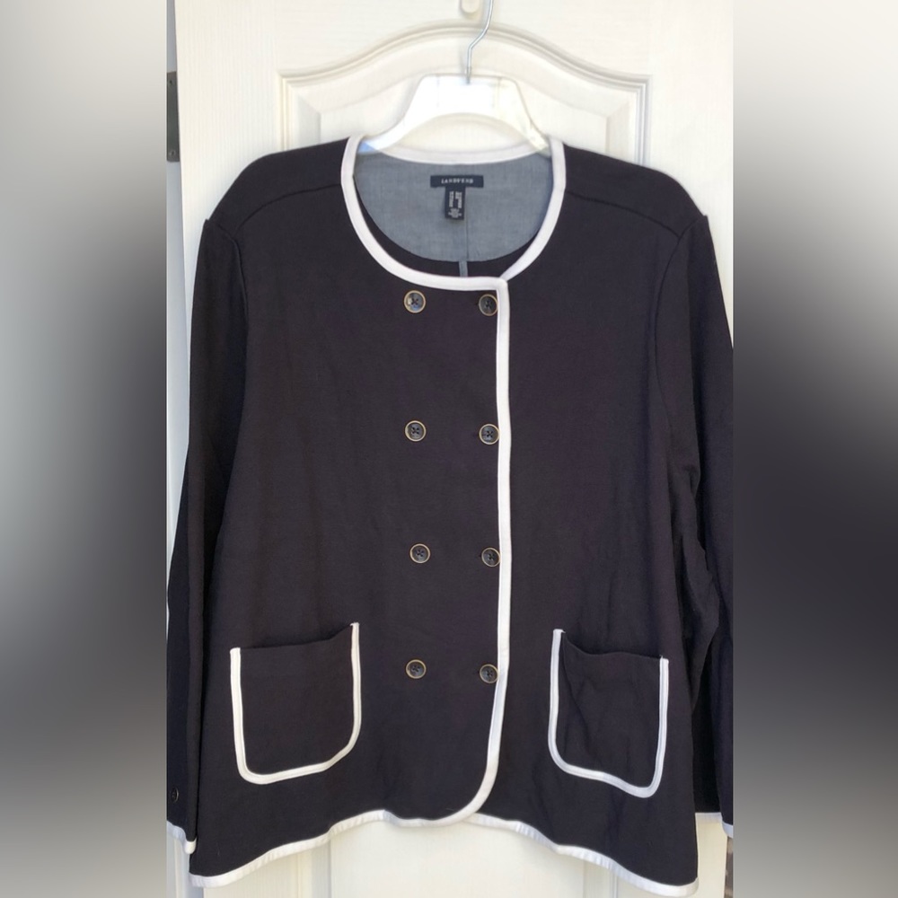 Lands End Plus Size Double Breasted Sweater Jacket knit blue pockets Size 34W